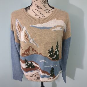 Madden NYC medium Woman's Cropped Sweater Mountain Scene Blue Tan Long Sleeve Cr